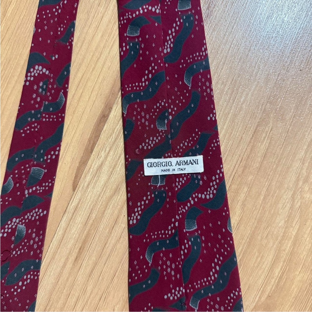 Giorgio Armani Red Silk Tie with Dark Green and Silver Accents